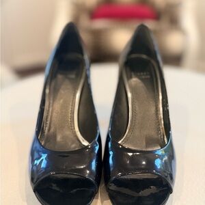 Stuart Weitzman Patent Leather Black Peep-Toe Heels 9.5